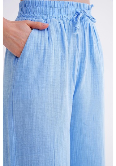 4286 Kadın Bol Paça Beli Lastikli Müslin Palazzo Pantolon Bebe Mavi Bebe Mavi