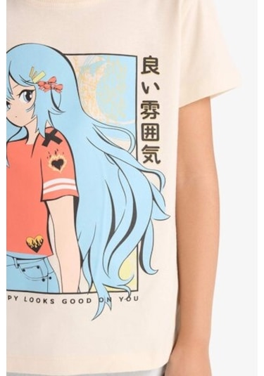 DeFacto Kız Çocuk Bisiklet Yaka Anime Baskılı Kısa Kollu Tişört E0350A825SMER233 Ekru