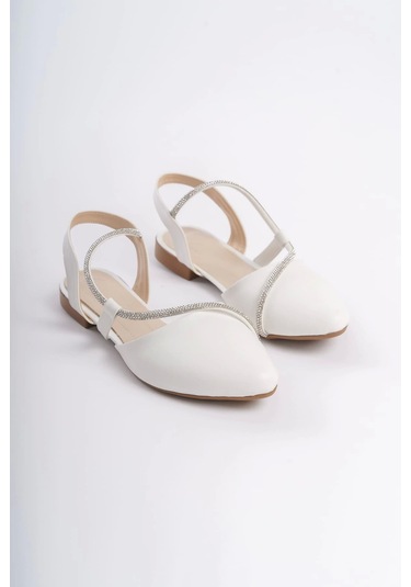Hannah Lastikli Ortopedik Rahat Taban Taş Detaylı Kadın Babet Ayakkabı Kt Beyaz Beyaz