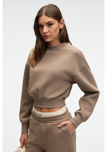 Grimelange KARALIS Kadın Pamuklu Bisiklet Yaka Crop Vizon Sweatshirt