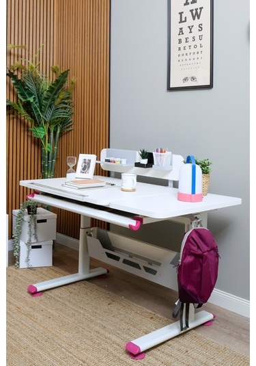 Vega Standart Yükseklik Ve Eğim Ayarlı, Modern Çekmeceli Bilgisayar, Ofis Ve Çalışma Masası Fuşya Gri