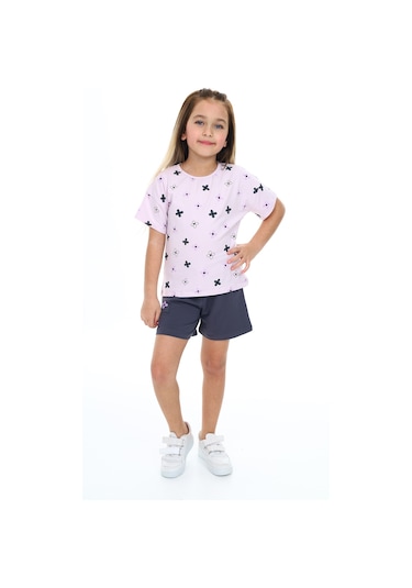Toontoy Kız Çocuk Garni Komple Çiçek Baskılı Şortlu Takım Açık Lila