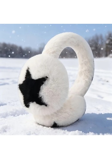 Primepickings Yıldız Desenli Beyaz Kulaklık - Yumuşak Rüzgar Geçirmez Katlanır Kayak Yürüyüş