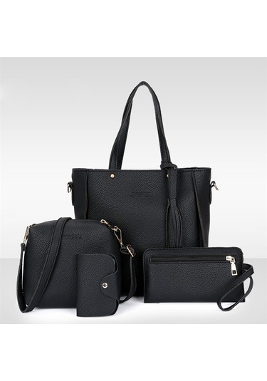 Parçalı Çanta Seti Kadın Pu Deri Omuz Çantası Dört Parça Siyah Diğer