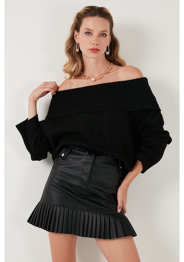 Lela Oversize Fit Madonna Yaka Triko Bayan Kazak 4615216 Siyah