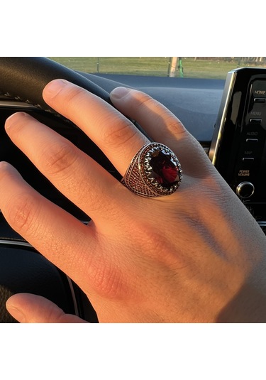 Gümüş Kırmızı Zirkon Taşlı Erkek Yüzük Gümüş - Altın