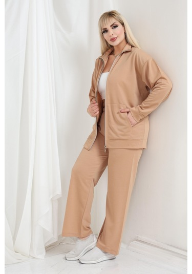 Kadın Büyük Beden Fermuarlı Uzun Kollu Rahat Günlük Eşofman Takım Camel