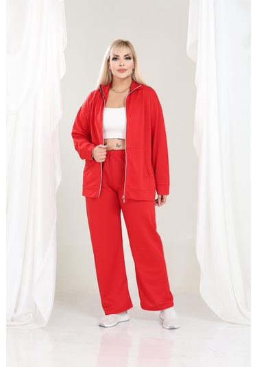 Kadın Büyük Beden Fermuarlı Uzun Kollu Rahat Günlük Eşofman Takım Kırmızı