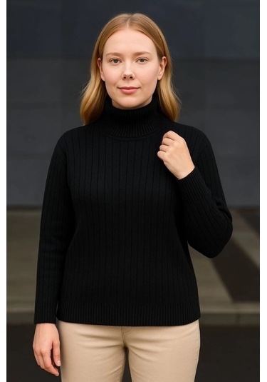 Balıkcı Yaka Bağazlı Triko Kazak Pamuklu Kalın Fitilli Dokuma - Siyah Siyah