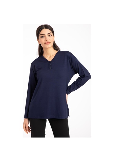 Kadın Orta Yaş ve Üzeri Dört Mevsim V Yaka Rahat Kalıp Likralı Viskoz Anne Penye Bluz 140-Lacivert