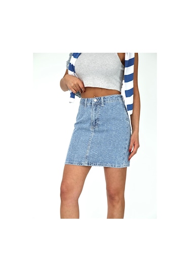Zeo Basic Eskitme Denim Kumaş Mini Etek Mavi - Eskitme Detaylı