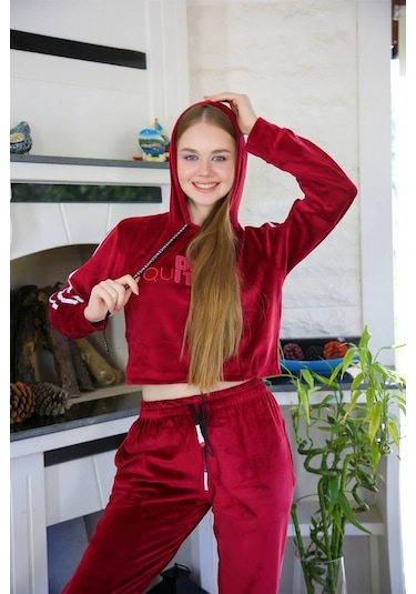 Akbeniz Kadın Kadife Kapşonlu Eşofman Takım 9058