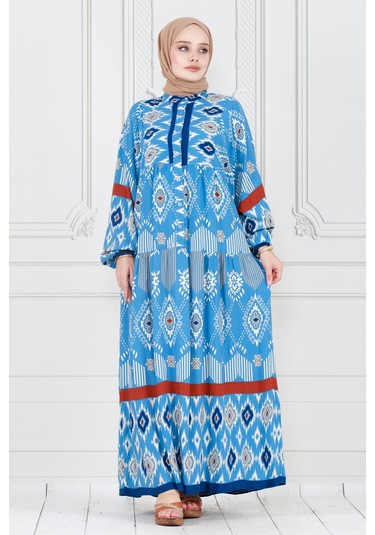 Yarım Düğmeli Robalı İkat Desen Elbise-mavi-4006 - Mavi