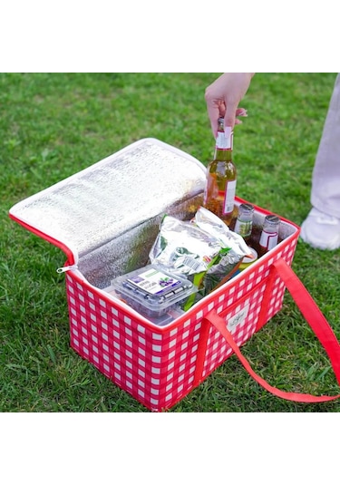 Esas Aksesuar Termo Lüks Piknik Çantası Kırmızı Ekoseli 35 X 20 X 20 Cm Kırmızı