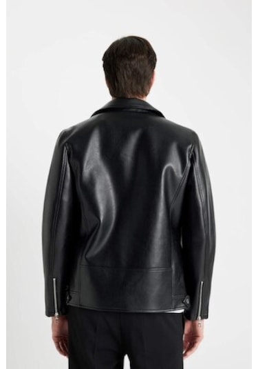 Defacto Slim Fit İnce Suni Deri Mont Ceket Dar Kesim Fermuarlı Üç Cepli Astarlı Mevsimlik Hafif C5715AX24AUBK27 Siyah