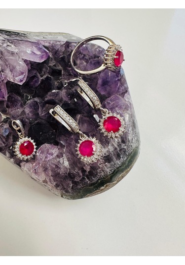 Gümüş Set Takım Pırlanta Görünümlü Kök Yakut Ve Zirkon Taşlı