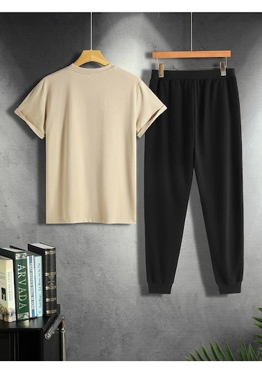 Kanat Vizon T-shirt Siyah Eşofman Altı Jogger - Baskılı Alt Üst Takım Oversize Bisiklet Yaka Vizon Siyah