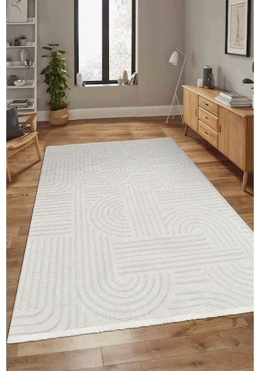Revna Ekru Yıkanabilir Halı Kaydırmaz Tabanlı Pamuk Dokuma Salon Mutfak Koridor İçin Ekru