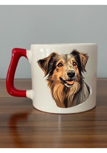 Köpek Baskılı Kırmızı Kulplu Kupa Bardak Beyaz