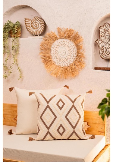 Bohem Elmas Desenli Püsküllü Kırlent Kılıfı Kahverengi