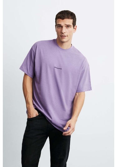 GRIMELANGE Rıver Erkek Oversize Fit Bol Kesim Nakış Işlemeli Basic Örme Mor T-shirt Mor
