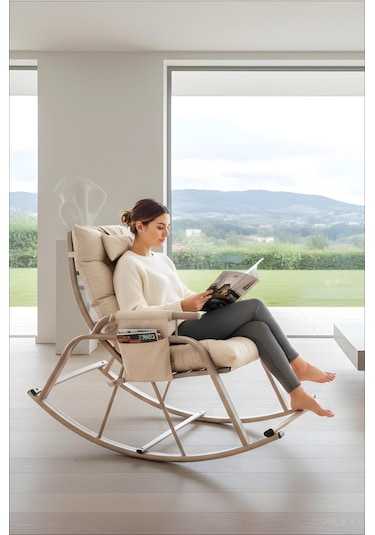 Lumis Garden Sallanan Sandalye, Metal Ayaklı Tv Koltuğu, Sallanan Tekli Koltuk Krem