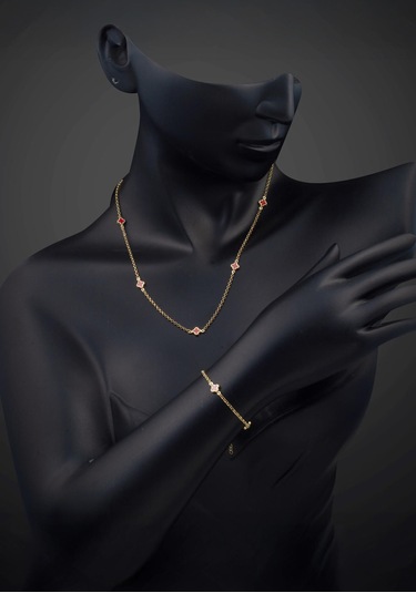 Bilezikci Kırmızı Yoncalı 14 Ayar Altın Kolye Bileklikli Set