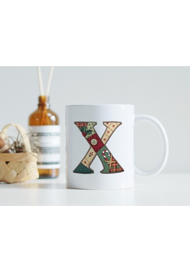 X Harfi Yılbaşı Temalı Kupa Bardak - Yeni Yıl Konsept Yamalı Efekt Tasarım - Noel Hediye Beyaz