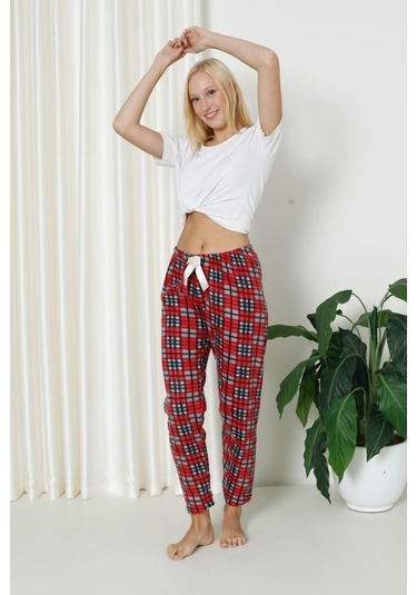 Luxury Soft Welsoft Polar Desenli Kurdeleli Kışlık Pijama Altı Pantolon Siyah Kırmızı Ekose Siyah - Kırmızı