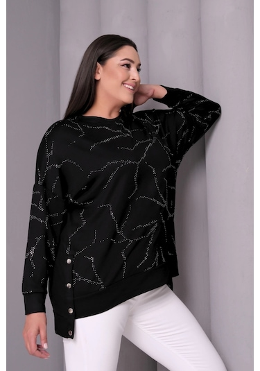 Taş Baskılı Yanı Çıtçıtlı Bluz Siyah