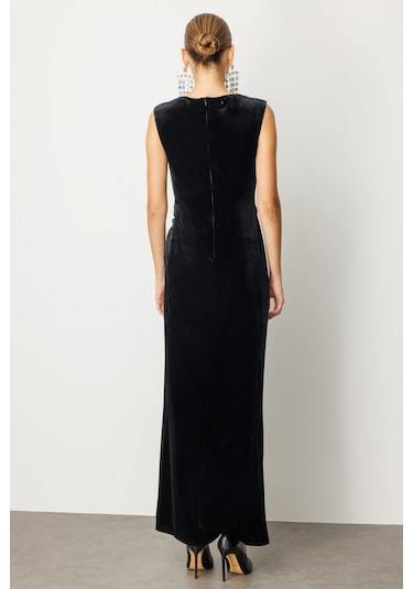 Ekol Kadın Beli Büzgülü Maxi Kadife Elbise 4141 Siyah Siyah