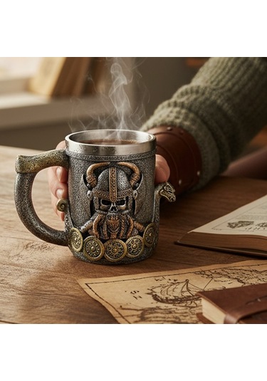 Viking Miğferli Savaşçı Figürlü Kupa Paslanmaz Çelik İç Hazne Diğer