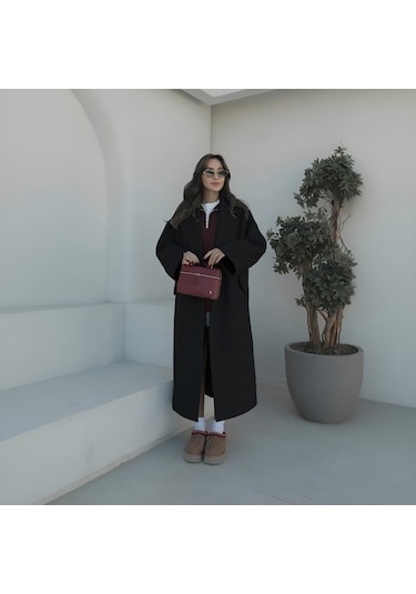 Kışlık Astarlı Detaylı Kadın Kaşmir Kaban Siyah
