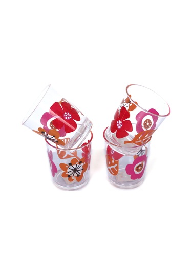 Sıa Su Bardağı 4 Lü Set Kırmızı Papatya Desenli