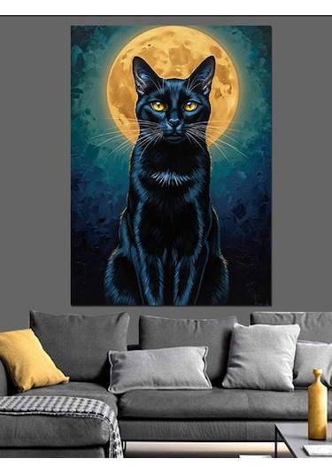 Kara Kedi Silüeti Gece Dekoratif Kanvas - Mdf Ahşap Tablo
