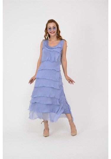 Italyan 2 Beden İnce Gösteren Kat Kat Kolsuz Ipek Elbise Mavi