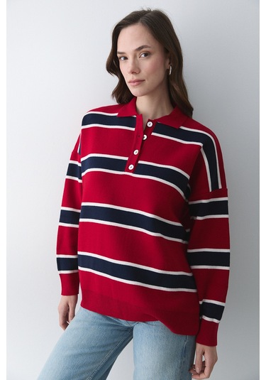 Kırmızı Lacivert Polo Yaka Şeritli Kazak - 251129 Kırmızı - Lacivert
