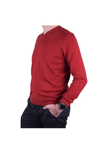 Regular Fit Kırmızı Erkek Pamuklu Düz Triko Kazak, Ot-Kzk-20009