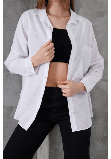 Paw Garage Kadın London Keten Tek Cepli Oversize Gömlek, Premium Kalite Keten Gömlek Beyaz