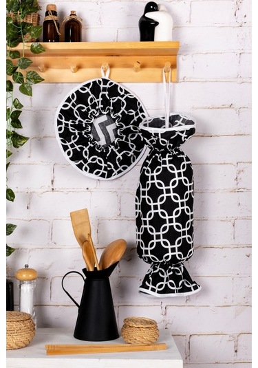 6 Parça Mutfak Seti & Mutfak Önlüğü , Fırın Eldiveni , 2li Tutacak , Organizer Poşetlik , Demlematiksiyah Zincir