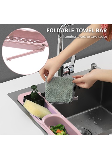 Jeemson Pembe Genişletilebilir Lavabo Süzgeç Sepeti - Bölmeli Su Akışı, Havlu Asma Çubuğu, Mutfak Hijyen Aleti Pembe