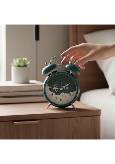 Astronot Tasarımlı Kırmızı Masa Üstü Büyük Boy Alarmlı Çalar Saat Yeşil
