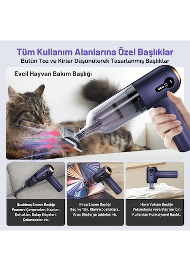 Şarjlı Araç Süpürgesi 3 Kademeli Süper Çekim Gücü 2in1 18.000pa