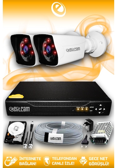 Elitcam 2 Kameralı Kare 2 Dış Kamera Set 320 GB HDD Full HD Gece Görüşlü Güvenlik Kamerası Sistemi