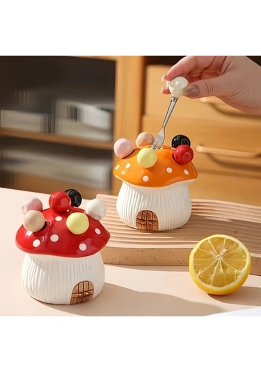 Trendooze 7 Parça Turuncu Seramik Mantar Çatal Seti 304 Paslanmaz Çelik Meyve Pasta Çatalı Turuncu Turuncu