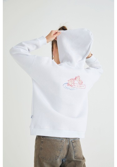 Hello Kitty Lisanslı Baskılı Kapüşonlu Oversize Sweatshirt Renkli