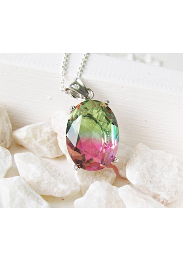 Lilahgümüştr Gümüş Turmalin Oval Taşlı Kadın Kolye