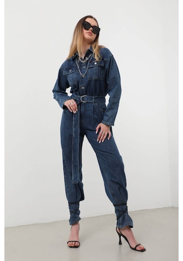 Kadın Oversize Jean Tulum Koyu Mavi 001