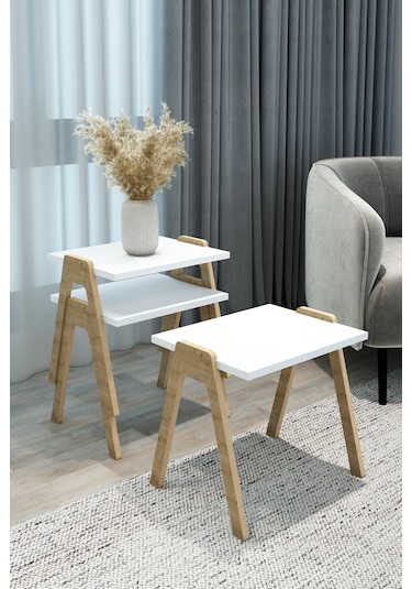 Azra - 3 Lü Zigon Sehpa Takımı Atlantik Çam -modern Ve Fonksiyonel / Orta Sehpa / Dekoratif Beyaz