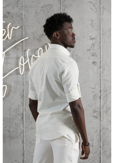 Advante İnce Çizgili Yaka Düğmeli Katlamalı Kol Pamuklu Slimfit Yazlık Keten Gömlek Yeşil